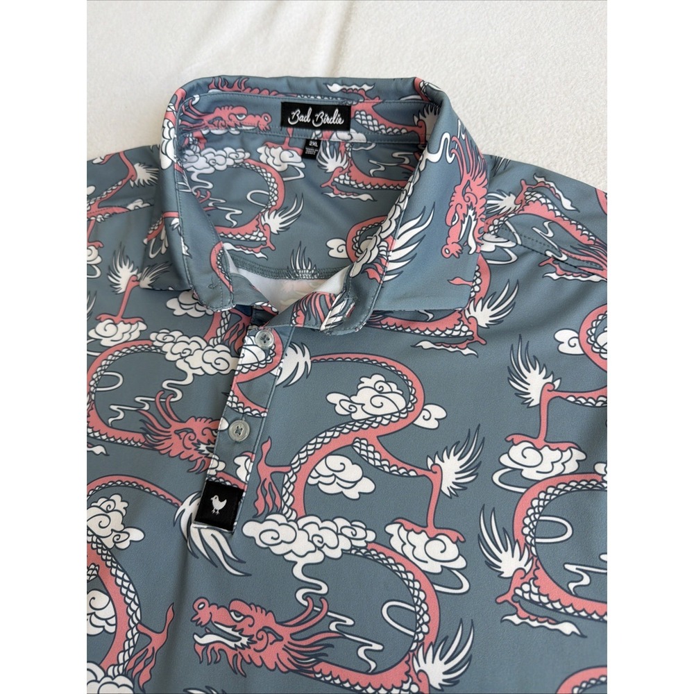 Bad Birdie Polo Shirt Men’s 2XL XXL Blue Dragon Print Golf Performance Stretch